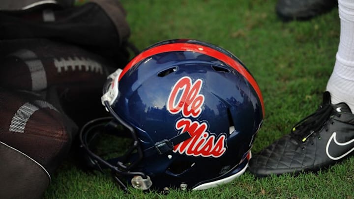 NASHVILLE, TN - SEPTEMBER 06: A helment of the Ole Miss Rebels sits on the sideline during a game against the Vanderbilt Commodores at L.P.Field on September 6, 2014 in Nashville, Tennessee. (Photo by Frederick Breedon/Getty Images)