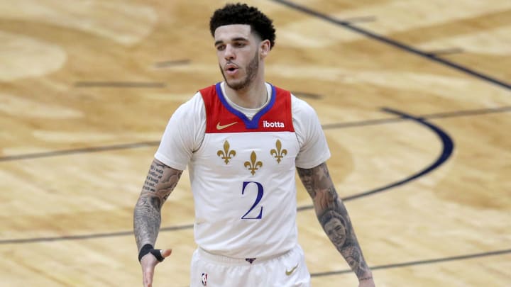 Denver Nuggets offseason plans: Lonzo Ball, New Orleans Pelicans stands on the court during the third quarter of an NBA game against the Golden State Warriors. (Photo by Sean Gardner/Getty Images)