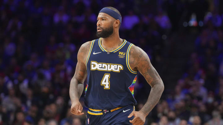 PHILADELPHIA, PA – MARCH 14: DeMarcus Cousins #4 of the Denver Nuggets looks on against the Philadelphia 76ers at the Wells Fargo Center on March 14, 2022 in Philadelphia, Pennsylvania. The Nuggets defeated the 76ers 114-110.  (Photo by Mitchell Leff/Getty Images)