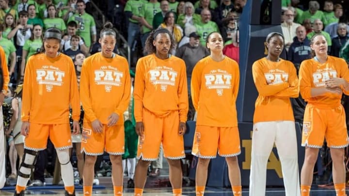 Jan 19, 2015; South Bend, IN, USA; The Tennessee Lady Volunteers wear t-shirts with the words We Back Pat in recognition of the Pat Summit Foundation before the game against the Notre Dame Fighting Irish at the Purcell Pavilion. Mandatory Credit: Matt Cashore-USA TODAY Sports