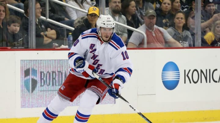 Nov 21, 2016; Pittsburgh, PA, USA; New York Rangers left wing J.T. Miller (10) skates with the puck against the Pittsburgh Penguins during the first period at the PPG Paints Arena. The Rangers won 5-2. Mandatory Credit: Charles LeClaire-USA TODAY Sports