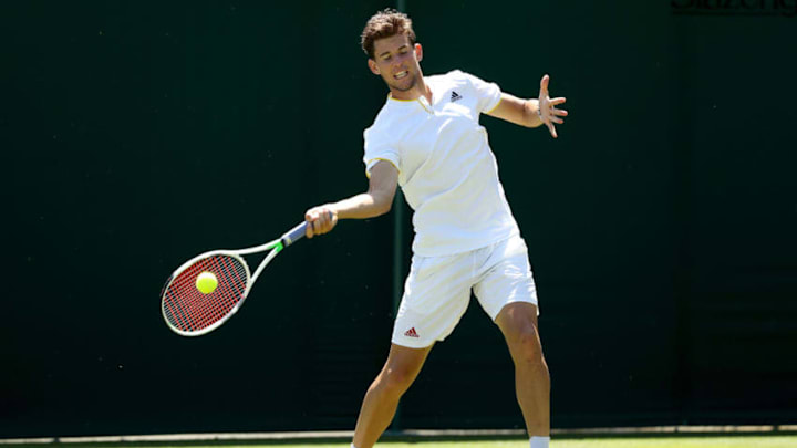 LONDON, ENGLAND - JUNE 30: Dominic Thiem of Austria practices on court during training for the Wimbledon Lawn Tennis Championships at the All England Lawn Tennis and Croquet Club at Wimbledon on June 30, 2018 in London, England. (Photo by Matthew Stockman/Getty Images)