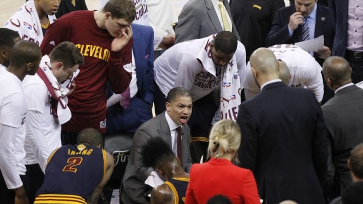 June 2, 2016; Oakland, CA, USA; Cleveland Cavaliers head coach Tyronn Lue speaks to players during a time out against Golden State Warriors during the first half in game one of the NBA Finals at Oracle Arena. Mandatory Credit: Cary Edmondson-USA TODAY Sports