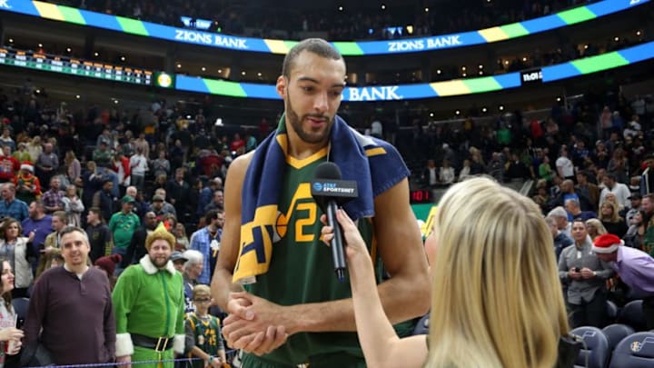 SALT LAKE CITY, UT - DECEMBER 25: Rudy Gobert #27 of the Utah Jazz is interviewed after a game against the Portland Trail Blazers on December 25, 2018 at vivint.SmartHome Arena in Salt Lake City, Utah. Copyright 2018 NBAE (Photo by Melissa Majchrzak/NBAE via Getty Images)