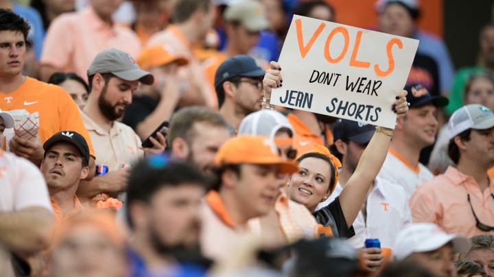 A fan holds a sign during the first quarter of an NCAA football game against Florida at Ben Hill Griffin Stadium in Gainesville, Florida on Saturday, Sept. 25, 2021.Tennflorida0925 0568