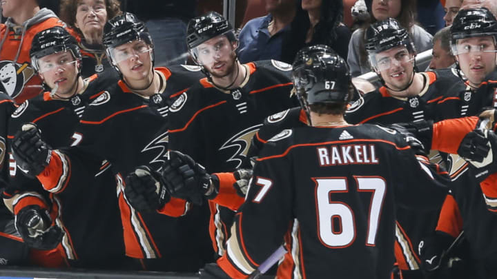 ANAHEIM, CA - APRIL 6: Rickard Rakell #67 of the Anaheim Ducks celebrates with the bench after his first-period goal during the game against the Dallas Stars at Honda Center on April 6, 2018 in Anaheim, California. (Photo by Debora Robinson/NHLI via Getty Images)