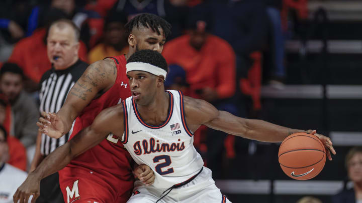 CHAMPAIGN, IL – FEBRUARY 07: Kipper Nichols #2 of the Illinois Fighting Illini dribbles the ball against Donta Scott #24 of the Maryland Terrapins at State Farm Center on February 7, 2020 in Champaign, Illinois. (Photo by Michael Hickey/Getty Images)
