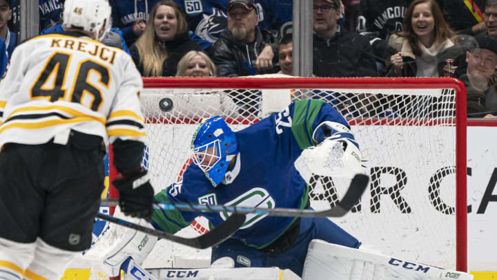 VANCOUVER, BC – FEBRUARY 22: Goalie Jacob Markstrom #25 of the Vancouver Canucks redirects the puck over his net as David Krejci #46 of the Boston Bruins looks on during NHL action at Rogers Arena on February 22, 2020 in Vancouver, Canada. (Photo by Rich Lam/Getty Images)