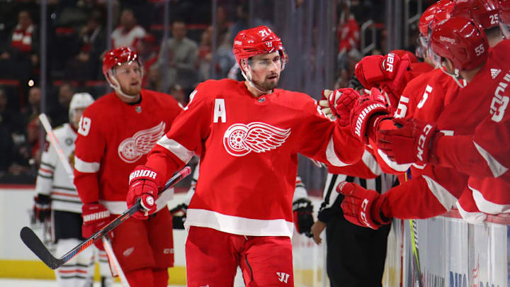 DETROIT, MICHIGAN - FEBRUARY 20: Dylan Larkin #71 of the Detroit Red Wings celebrates his first period goal with teammates while playing the Chicago Blackhawks at Little Caesars Arena on February 20, 2019 in Detroit, Michigan. (Photo by Gregory Shamus/Getty Images)