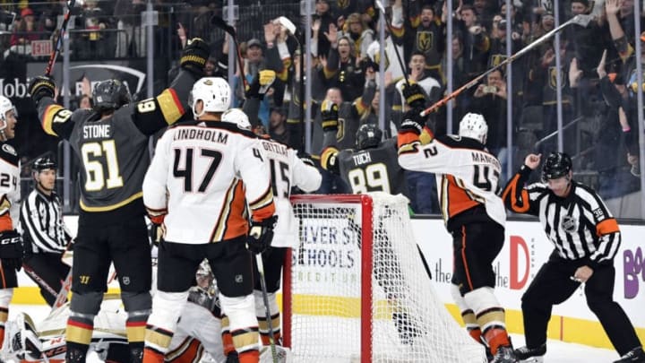 LAS VEGAS, NEVADA - DECEMBER 31: Alex Tuch #89 of the Vegas Golden Knights celebrates after scoring a goal during the first period against the Anaheim Ducks at T-Mobile Arena on December 31, 2019 in Las Vegas, Nevada. (Photo by Jeff Bottari/NHLI via Getty Images)