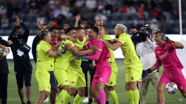 Liga MX All-Stars celebrate after winning the Crossbar Challenge during the 2021 MLS All-Star Skills Challenge at Banc of California Stadium Tuesday night. (Photo by Ronald Martinez/Getty Images)