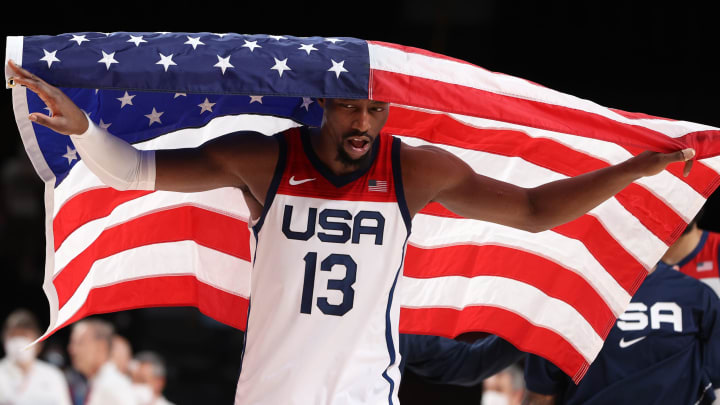 Bam Adebayo #13 of Team United States celebrates following the United States’ victory over France in the Men’s Basketball Finals game on day fifteen of the Tokyo 2020 Olympic Games (Photo by Kevin C. Cox/Getty Images)
