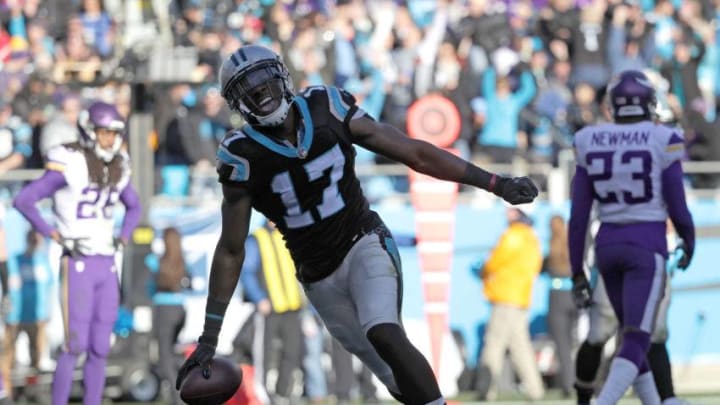 CHARLOTTE, NC - DECEMBER 10: Devin Funchess #17 of the Carolina Panthers reacts after a touchdown against the Minnesota Vikings in the third quarter during their game at Bank of America Stadium on December 10, 2017 in Charlotte, North Carolina. (Photo by Streeter Lecka/Getty Images)