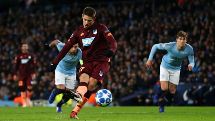 MANCHESTER, ENGLAND - DECEMBER 12: Andrej Kramaric of 1899 Hoffenheim scores his sides first goal during the UEFA Champions League Group F match between Manchester City and TSG 1899 Hoffenheim at Etihad Stadium on December 12, 2018 in Manchester, United Kingdom. (Photo by Michael Steele/Getty Images)