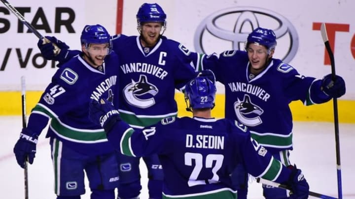 Jan 2, 2017; Vancouver, British Columbia, CAN; Vancouver Canucks forward Sven Baertschi (47) celebrates his goal against Colorado Avalanche goaltender Calvin Pickard (31) (not pictured) with forward Henrik Sedin (33) and forward Daniel Sedin (22) during the third period at Rogers Arena. The Vancouver Canucks won 3-2. Mandatory Credit: Anne-Marie Sorvin-USA TODAY Sports