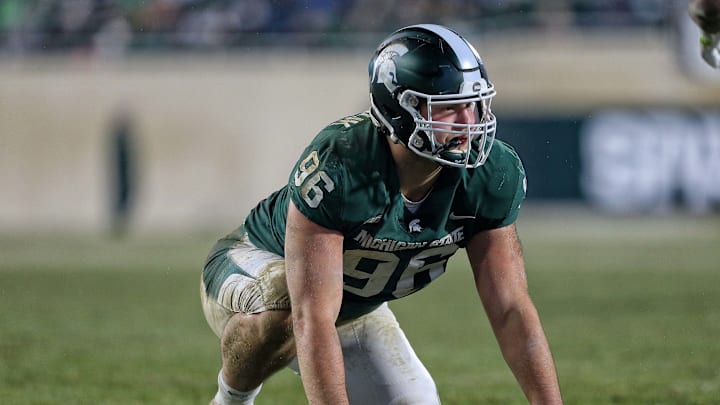 Nov 24, 2018; East Lansing, MI, USA; Michigan State Spartans defensive end Jacub Panasiuk (96) prepares for the snap of the ball during the second half of a game against the Rutgers Scarlet Knights at Spartan Stadium. Mandatory Credit: Mike Carter-USA TODAY Sports