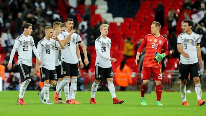 LONDON, ENGLAND - NOVEMBER 10: Sebastian Rudy of Germany, Joshua Kimmich of Germany, Marcel Halstenberg of Germany, Sandro Wagner of Germany, Julian Brandt of Germany, Matthias Ginter of Germany and Mats Hummels of Germany look on after the international friendly match between England and Germany at Wembley Stadium on November 10, 2017 in London, United Kingdom. (Photo by TF-Images/TF-Images via Getty Images)