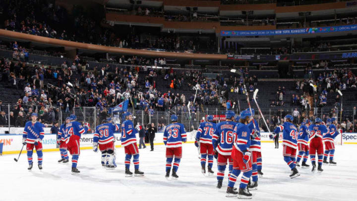 NEW YORK, NY - FEBRUARY 05: The New York Rangers celebrate after defeating the Toronto Maple Leafs 5-3 at Madison Square Garden on February 5, 2020 in New York City. (Photo by Jared Silber/NHLI via Getty Images)