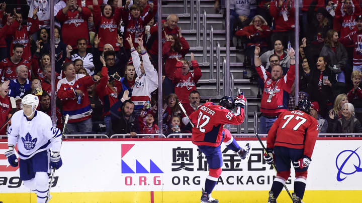WASHINGTON, DC – OCTOBER 13: Evgeny Kuznetsov #92 of the Washington Capitals celebrates after scoring a goal against the Toronto Maple Leafs in the second period at Capital One Arena on October 13, 2018 in Washington, DC. (Photo by Patrick McDermott/NHLI via Getty Images)