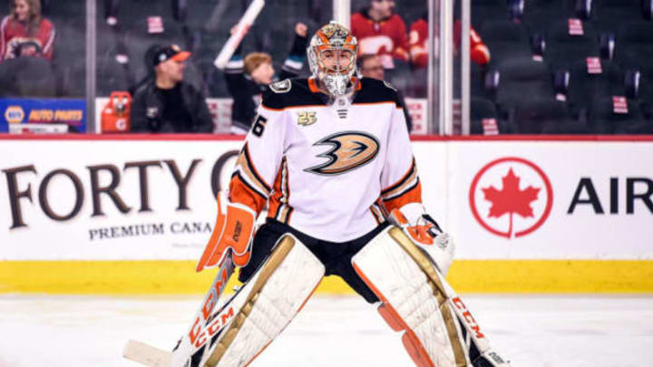 CALGARY, AB – MARCH 29: Anaheim Ducks Goalie John Gibson (36) warms up before an NHL game where the Calgary Flames hosted the Anaheim Ducks on March 29, 2019, at the Scotiabank Saddledome in Calgary, AB. (Photo by Brett Holmes/Icon Sportswire via Getty Images)