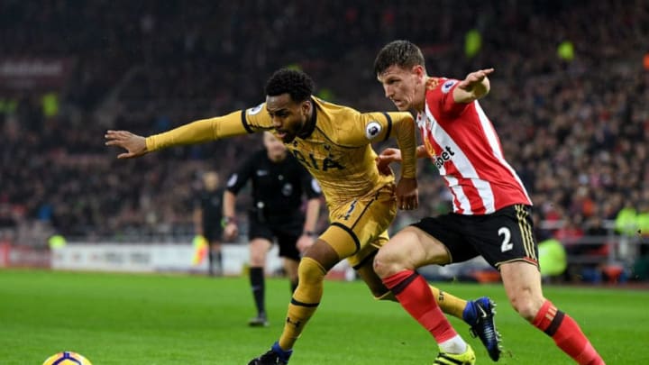 SUNDERLAND, ENGLAND - JANUARY 31: Danny Rose of Tottenham Hotspur and Billy Jones of Sunderland compete for the ball during the Premier League match between Sunderland and Tottenham Hotspur at Stadium of Light on January 31, 2017 in Sunderland, England. (Photo by Laurence Griffiths/Getty Images)