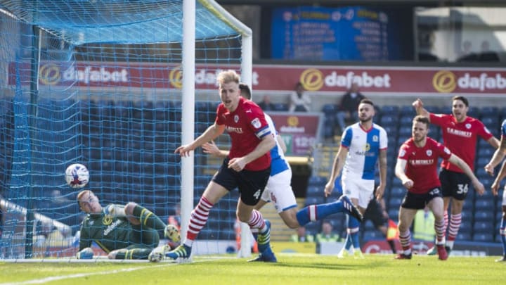 BLACKBURN, ENGLAND- APRIL 8: Marc Roberts of Barnsley scores the opening goal during the Sky Bet Championship match between Blackburn Rovers and Barnsley at Ewood Park on April 8, 2017 in Blackburn, England. (Photo by Nathan Stirk/Getty Images)