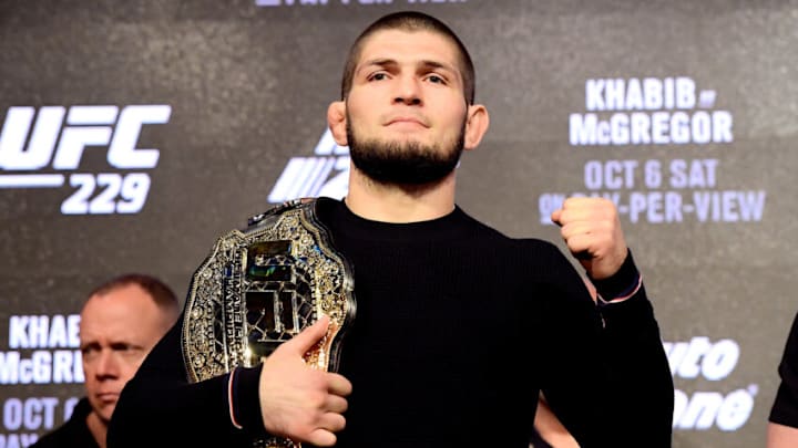 NEW YORK, NY - SEPTEMBER 20: Lightweight Champion Khabib Nurmagomedov poses for photos during the UFC 229 Press Conference at Radio City Music Hall on September 20, 2018 in New York City. (Photo by Steven Ryan/Getty Images)