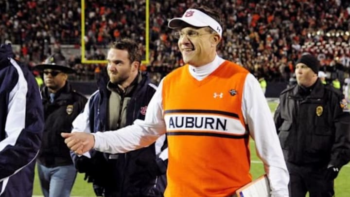 Nov 1, 2014; Oxford, MS, USA; Auburn Tigers head coach Gus Malzahn reacts after the win over the Ole Miss Rebels at Vaught-Hemingway Stadium. Auburn won 35-31. Mandatory Credit: Shanna Lockwood-USA TODAY Sports