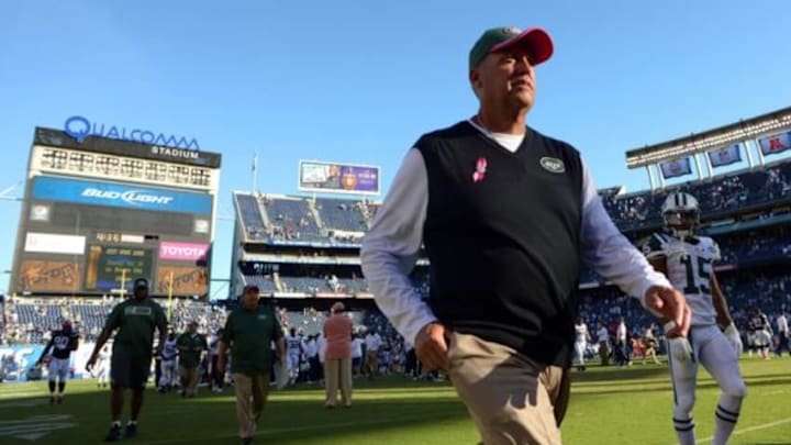 Oct 5, 2014; San Diego, CA, USA; New York Jets head coach Rex Ryan walks to the lockerroom after the Jets were shutout 31-0 against the San Diego Chargers at Qualcomm Stadium. Mandatory Credit: Jake Roth-USA TODAY Sports