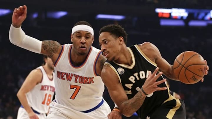 Apr 10, 2016; New York, NY, USA; Toronto Raptors guard DeMar DeRozan (10) drives to the basket past New York Knicks forward Carmelo Anthony (7) during the first half at Madison Square Garden. Mandatory Credit: Adam Hunger-USA TODAY Sports