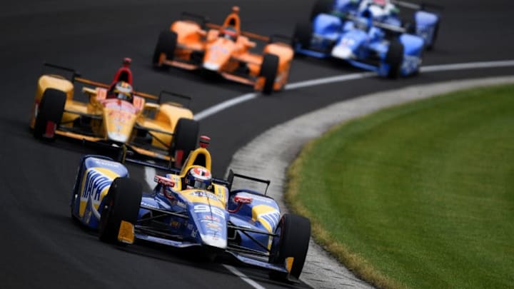 INDIANAPOLIS, IN - MAY 28: Alexander Rossi, driver of the #98 NAPA Auto Parts Honda, leads a group of cars during the 101st Indianapolis 500 at Indianapolis Motorspeedway on May 28, 2017 in Indianapolis, Indiana. (Photo by Jared C. Tilton/Getty Images)