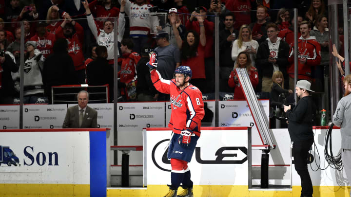 WASHINGTON, DC – FEBRUARY 04: Capitals left wing Alexander Alex Ovechkin (8) waves to the crowd after his hat trick and 698th goal of his career during the Los Angeles Kings vs. Washington Capitals NHL game on February 4, 2020 at Capital One Arena in Washington, D.C.. (Photo by Randy Litzinger/Icon Sportswire via Getty Images)