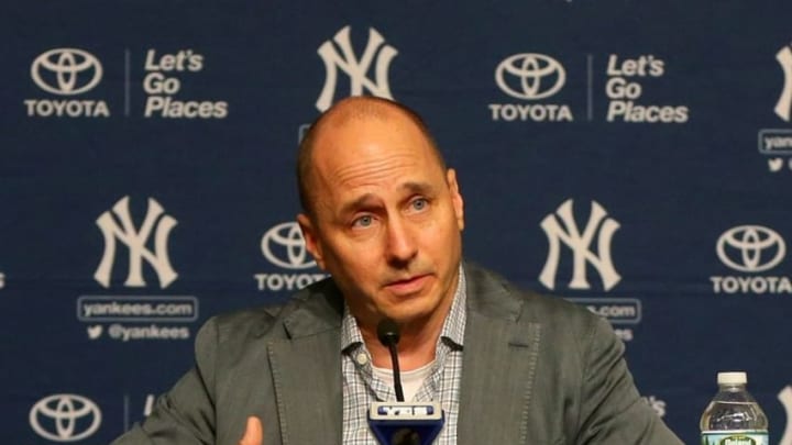 Aug 7, 2016; Bronx, NY, USA; New York Yankees general manager Brian Cashman addresses the media during a press conference announcing the retirement of designated hitter Alex Rodriguez prior to the game between the Cleveland Indians and New York Yankees at Yankee Stadium. Rodriguez will play his last game on Friday August 12, 2016. Mandatory Credit: Andy Marlin-USA TODAY Sports