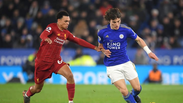 LEICESTER, ENGLAND - DECEMBER 26: Trent Alexander-Arnold of Liverpool battles for possession with Caglar Soyuncu of Leicester City during the Premier League match between Leicester City and Liverpool FC at The King Power Stadium on December 26, 2019 in Leicester, United Kingdom. (Photo by Michael Regan/Getty Images)