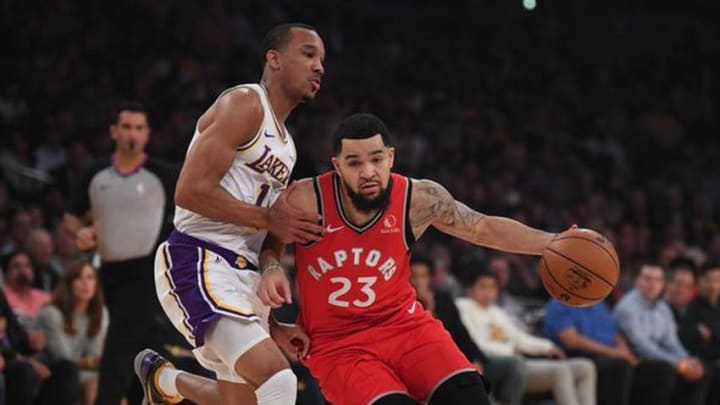 Fred VanVleet #23 of the Toronto Raptors drives to the basket past Avery Bradley #11 of the Los Angeles Lakers. (Photo by Harry How/Getty Images)