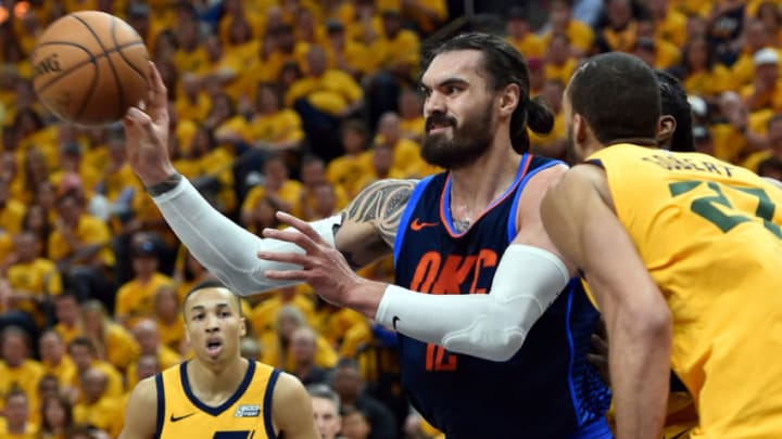 SALT LAKE CITY, UT - APRIL 27: Steven Adams #12 of the Oklahoma City Thunder passes the ball in front of Rudy Gobert #27 of the Utah Jazz in the first half during Game Six of Round One of the 2018 NBA Playoffs at Vivint Smart Home Arena on April 27, 2018 in Salt Lake City, Utah. NOTE TO USER: User expressly acknowledges and agrees that, by downloading and or using this photograph, User is consenting to the terms and conditions of the Getty Images License Agreement. (Photo by Gene Sweeney Jr./Getty Images)