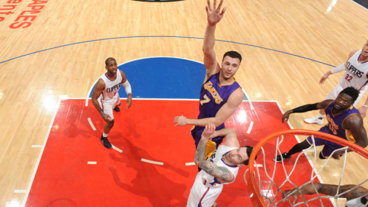 LOS ANGELES, CA - APRIL 1: Larry Nance Jr. #7 of the Los Angeles Lakers shoots the ball against the LA Clippers during the game on April 1, 2017 at STAPLES Center in Los Angeles, California. NOTE TO USER: User expressly acknowledges and agrees that, by downloading and/or using this Photograph, user is consenting to the terms and conditions of the Getty Images License Agreement. Mandatory Copyright Notice: Copyright 2017 NBAE (Photo by Andrew D. Bernstein/NBAE via Getty Images)