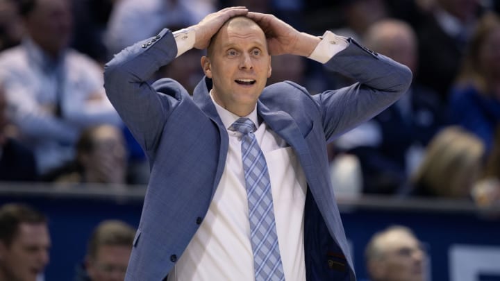 PROVO, UT- JANUARY 12: Mark Pope head coach of the Brigham Young Cougars reacts to an officials call during teh first half of their game agains the Gonzaga Bulldogs January 12, 2023 at the Marriott Center in Provo, Utah.(Photo by Chris Gardner/Getty Images)