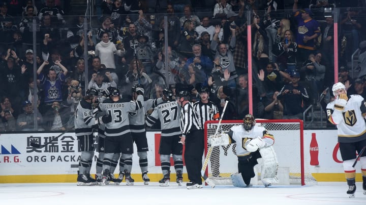 LOS ANGELES, CA – NOVEMBER 16: Los Angeles Kings celebrate Nikolai Prokhorkin #74 of the Los Angeles Kings goal during the second period against the Vegas Golden Knights at STAPLES Center on November 16, 2019 in Los Angeles, California. (Photo by Juan Ocampo/NHLI via Getty Images)