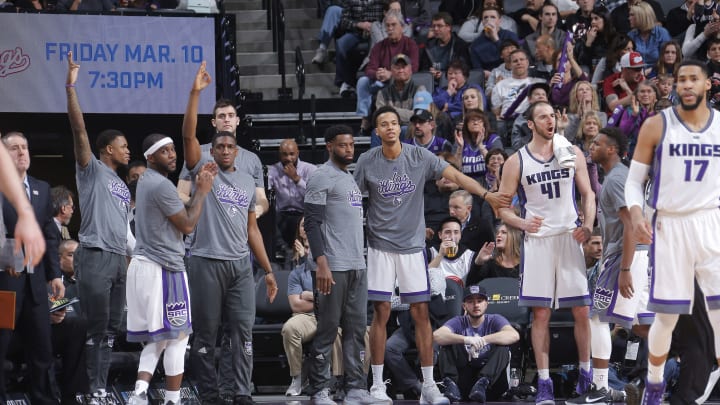 SACRAMENTO, CA – MARCH 5: The Sacramento Kings bench cheer on their teammates against the Utah Jazz on March 5, 2017 at Golden 1 Center in Sacramento, California. NOTE TO USER: User expressly acknowledges and agrees that, by downloading and or using this photograph, User is consenting to the terms and conditions of the Getty Images Agreement. Mandatory Copyright Notice: Copyright 2017 NBAE (Photo by Rocky Widner/NBAE via Getty Images)