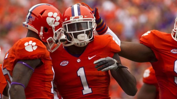 Sep 12, 2015; Clemson, SC, USA; Clemson Tigers safety Jayron Kearse (1) celebrates after making an interception during the first half against the Appalachian State Mountaineers at Clemson Memorial Stadium. Mandatory Credit: Joshua S. Kelly-USA TODAY Sports