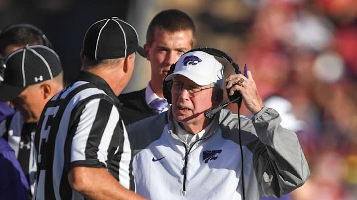September 2, 2016; Stanford, CA, USA; Kansas State Wildcats head coach Bill Snyder (right) argues with an official against the Stanford Cardinal during the first quarter at Stanford Stadium. Mandatory Credit: Kyle Terada-USA TODAY Sports