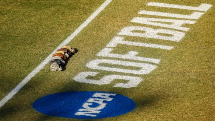 OKLAHOMA CITY, OK - JUNE 05: The NCAA Softball logo is displayed prior to game two of the Division I Women's Softball Championship held at USA Softball Hall of Fame Stadium - OGE Energy Field on June 5, 2018 in Oklahoma City, Oklahoma. Florida State defeated Washington 8-3 to win the national championship.(Photo by Shane Bevel/NCAA Photos via Getty Images)