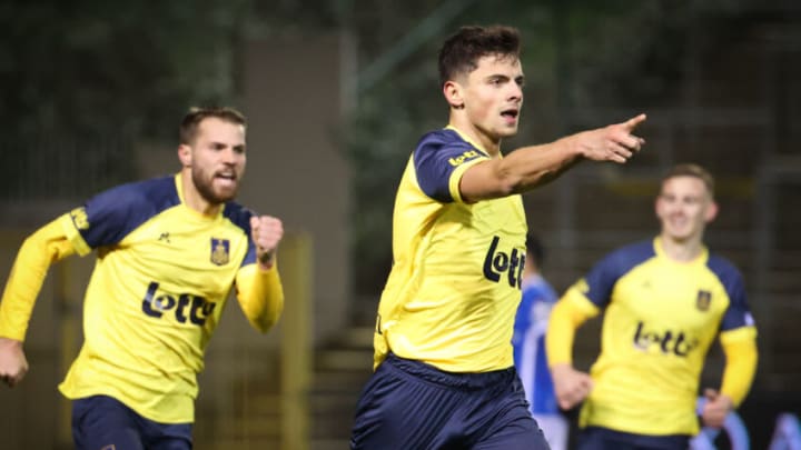 Union's Dante Vanzeir celebrates after scoring during a soccer match between Royal Union Saint-Gilloise and KAA Gent, Sunday 23 January 2022 in Brussels, on day 23 of the 2021-2022 'Jupiler Pro League' first division of the Belgian championship. BELGA PHOTO VIRGINIE LEFOUR (Photo by VIRGINIE LEFOUR/BELGA MAG/AFP via Getty Images)