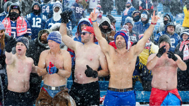 ORCHARD PARK, NY - DECEMBER 10: Fans cheer during while not wearing shirts during the fourth quarter of a game between the Buffalo Bills and Indianapolis Colts on December 10, 2017 at New Era Field in Orchard Park, New York. (Photo by Tom Szczerbowski/Getty Images)