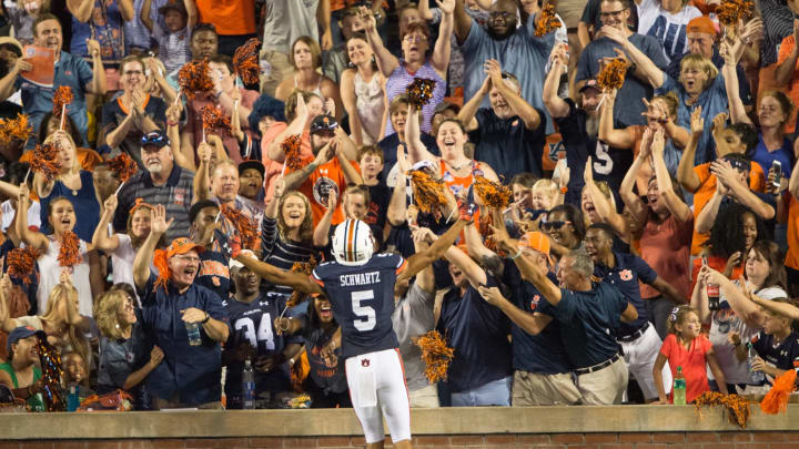 AUBURN, AL – SEPTEMBER 8: Wide receiver Anthony Schwartz #5 of the Auburn Tigers celebrates with fans after scoring a touchdown in the first half during their game against the Alabama State Hornets at Jordan-Hare Stadium on September 8, 2018 in Auburn, Alabama. (Photo by Michael Chang/Getty Images)