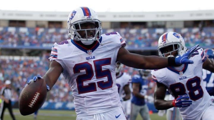 Aug 20, 2016; Orchard Park, NY, USA; Buffalo Bills running back LeSean McCoy (25) celebrates a touchdown during the first half against the Buffalo Bills at New Era Field. Mandatory Credit: Timothy T. Ludwig-USA TODAY Sports