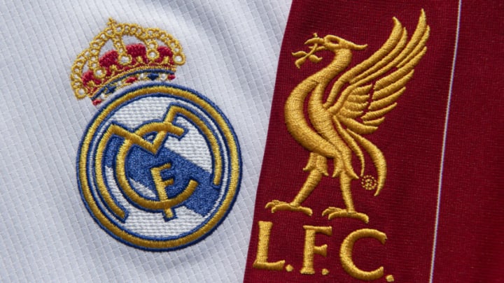 MANCHESTER, ENGLAND - FEBRUARY 25: The Real Madrid and Liverpool FC club badges on their first team home shirts on February 25, 2021 in Manchester, United Kingdom. (Photo by Visionhaus/Getty Images)