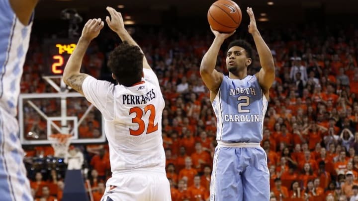 Feb 27, 2016; Charlottesville, VA, USA; North Carolina Tar Heels guard Joel Berry II (2) shoots the ball over Virginia Cavaliers guard London Perrantes (32) in the first half at John Paul Jones Arena. Mandatory Credit: Geoff Burke-USA TODAY Sports