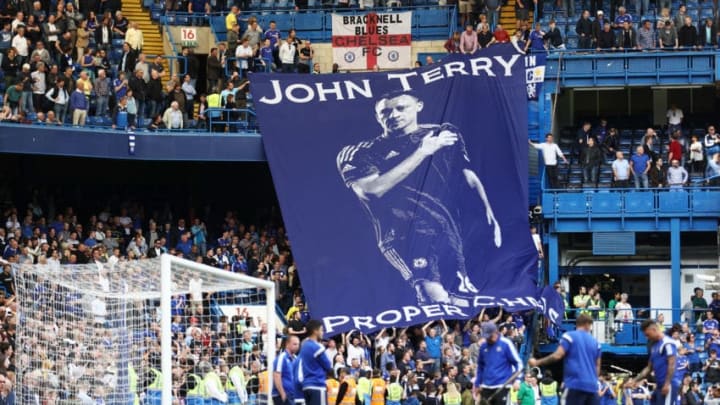 LONDON, ENGLAND - MAY 15: Chelsea supporters spread a big John Terry flag after the Barclays Premier League match between Chelsea and Leicester City at Stamford Bridge on May 15, 2016 in London, England. (Photo by Paul Gilham/Getty Images)
